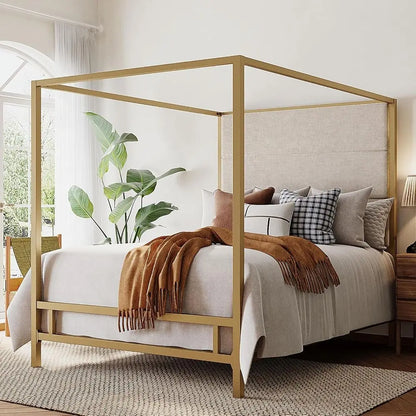 Modern King Size Canopy Bed Frame - Tall Linen Upholstered Headboard Metal 4-Poster Bed with Gold & Tan Design