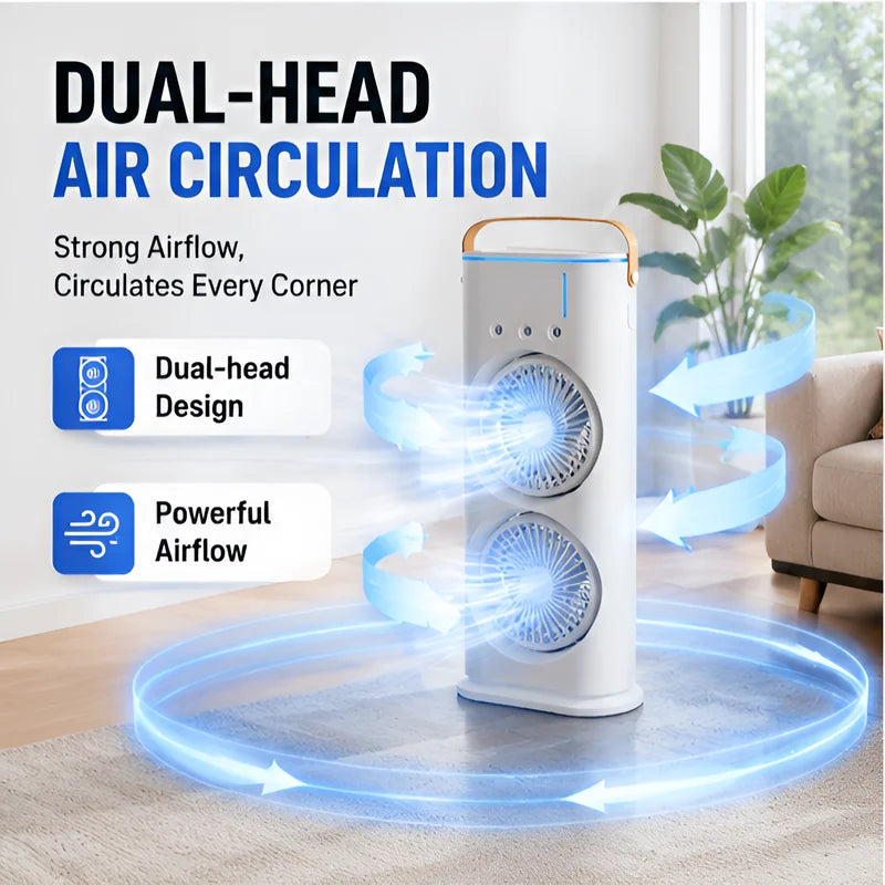 3-in-1 Portable Air Cooler Fan - Dual Head Cooling Fan with LED Night Light & Humidifier for Home and Office