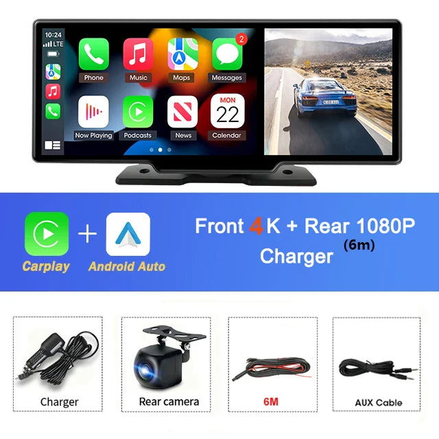 10.26'' 4K Car DVR Dashcam with CarPlay, Android Auto, Dual Lens Front 4K + Rear 1080P, Voice Control, GPS, BT, FM