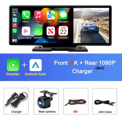 10.26'' 4K Car DVR Dashcam with CarPlay, Android Auto, Dual Lens Front 4K + Rear 1080P, Voice Control, GPS, BT, FM