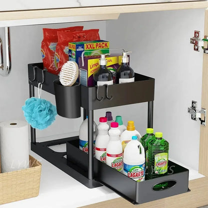 2-Tier Under Sink Sliding Cabinet Organizer — Basket Storage Rack with Hooks for Bathroom & Kitchen