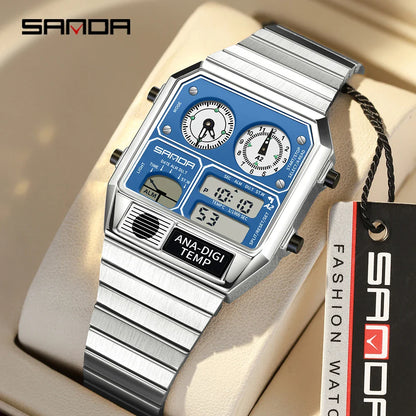 SANDA 3192 Men’s LED Square Watch — Youth Casual Multi-Function Stopwatch Thermometer Chronograph