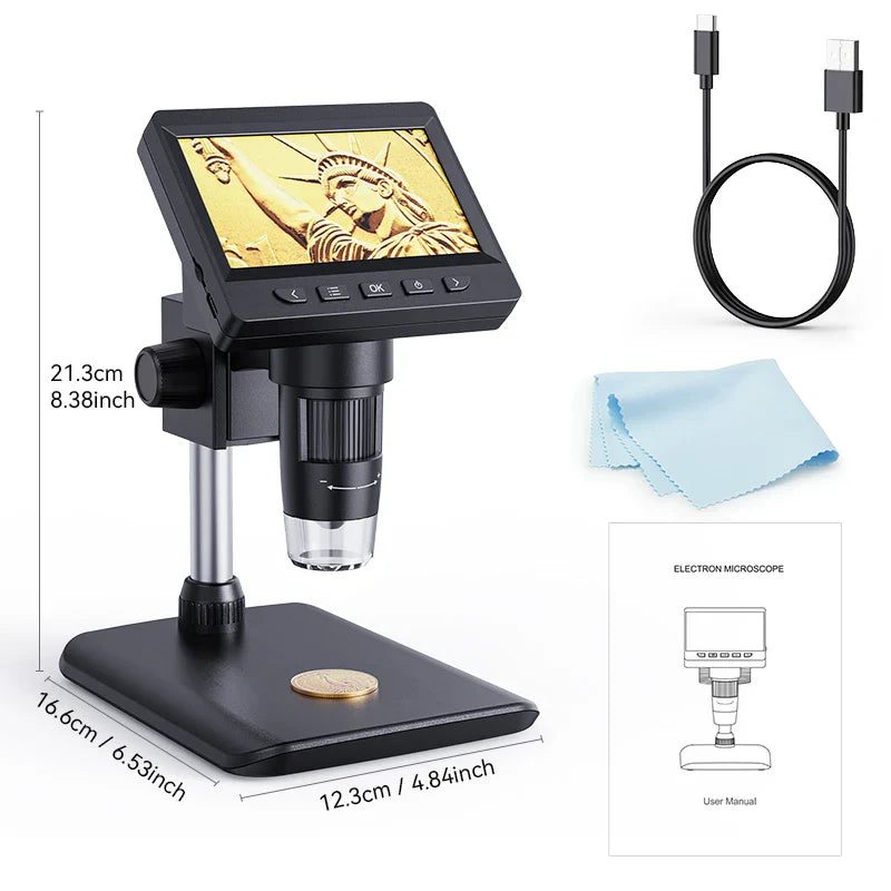 Digital Microscope 4.3” IPS Screen – 1600X Magnification 2MP USB Coin & PCB Inspection Microscope for Watch Repair & Electronics