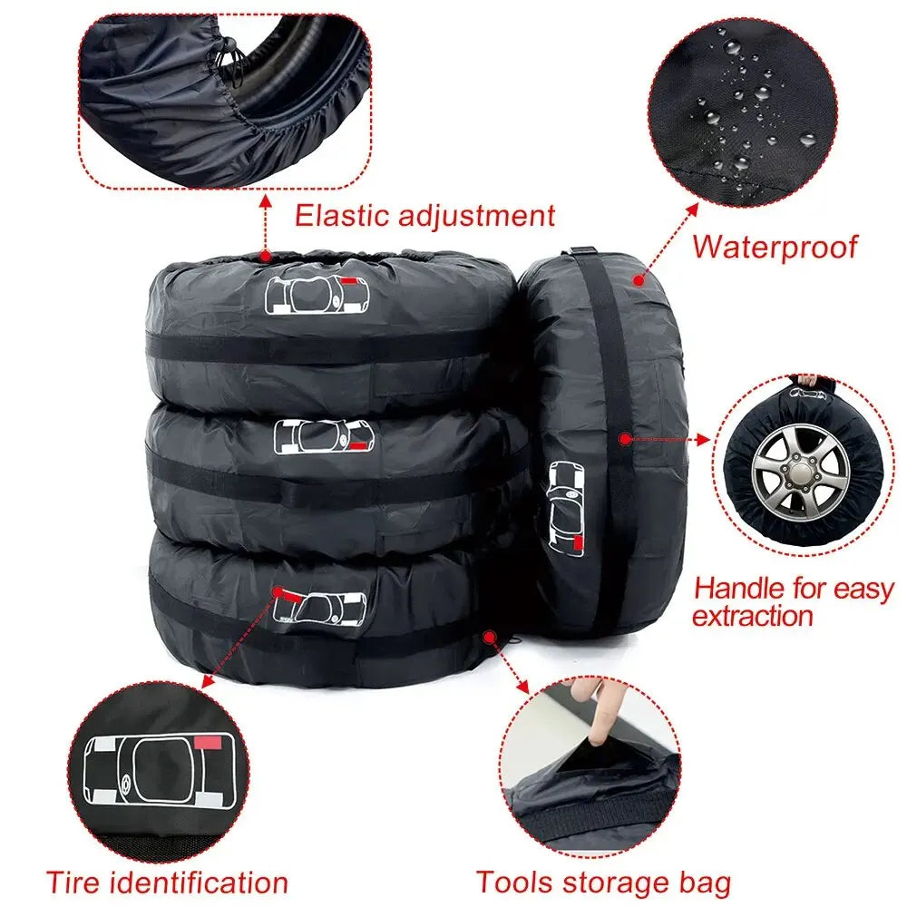 Universal 4Pcs Spare Tire Cover Case - Polyester Car Tyre Storage Bags - Automobile Tyre Accessories for Auto Vehicle Wheel Protection