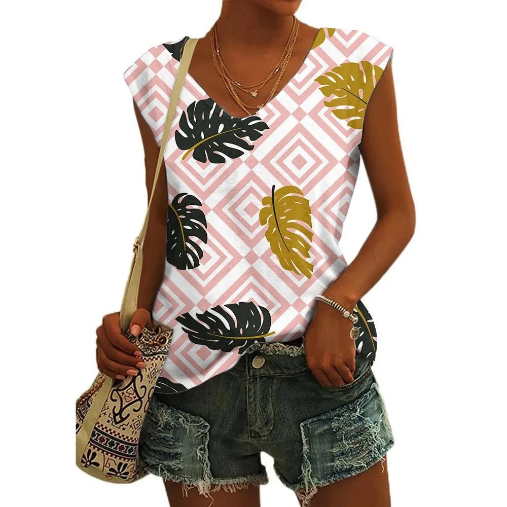 Women’s Floral Print T-Shirt - V Neck Cap Sleeve Loose Fit Summer Beach Top with Breathable Casual Style