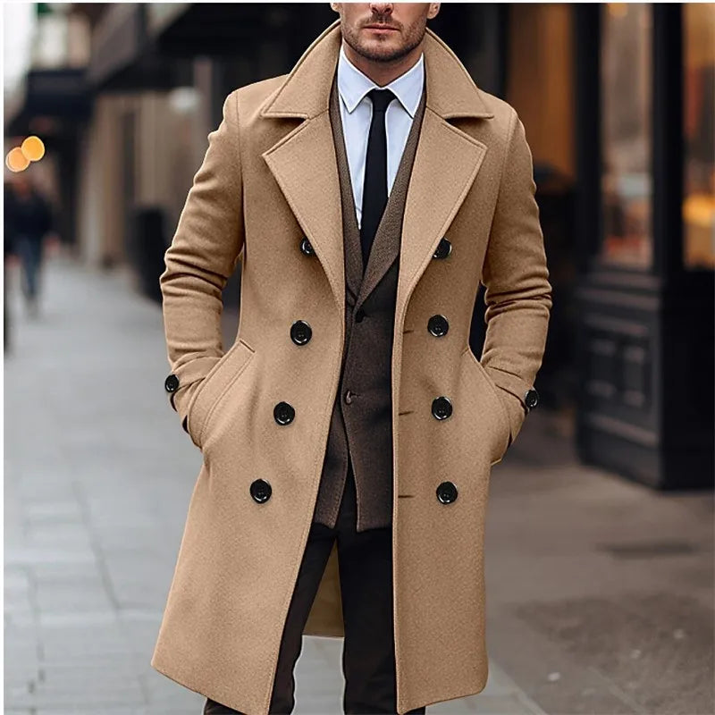 Men’s Autumn Winter Wool Coat – Double-Breasted Long Trench, Business Casual England-Style Wool Blend Jacket