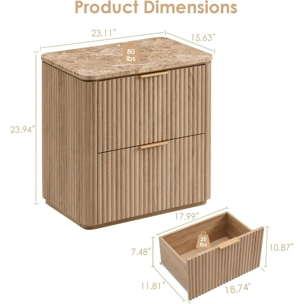 Fluted Nightstand Set of 2 – Solid Wood Bedside Tables with 2 Drawers, Faux Marble Top, Curved Corners & Metal Handles