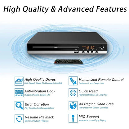 1080P HD DVD Player – All Region Free Home DVD Player with AV Output & Built-in MIC Port