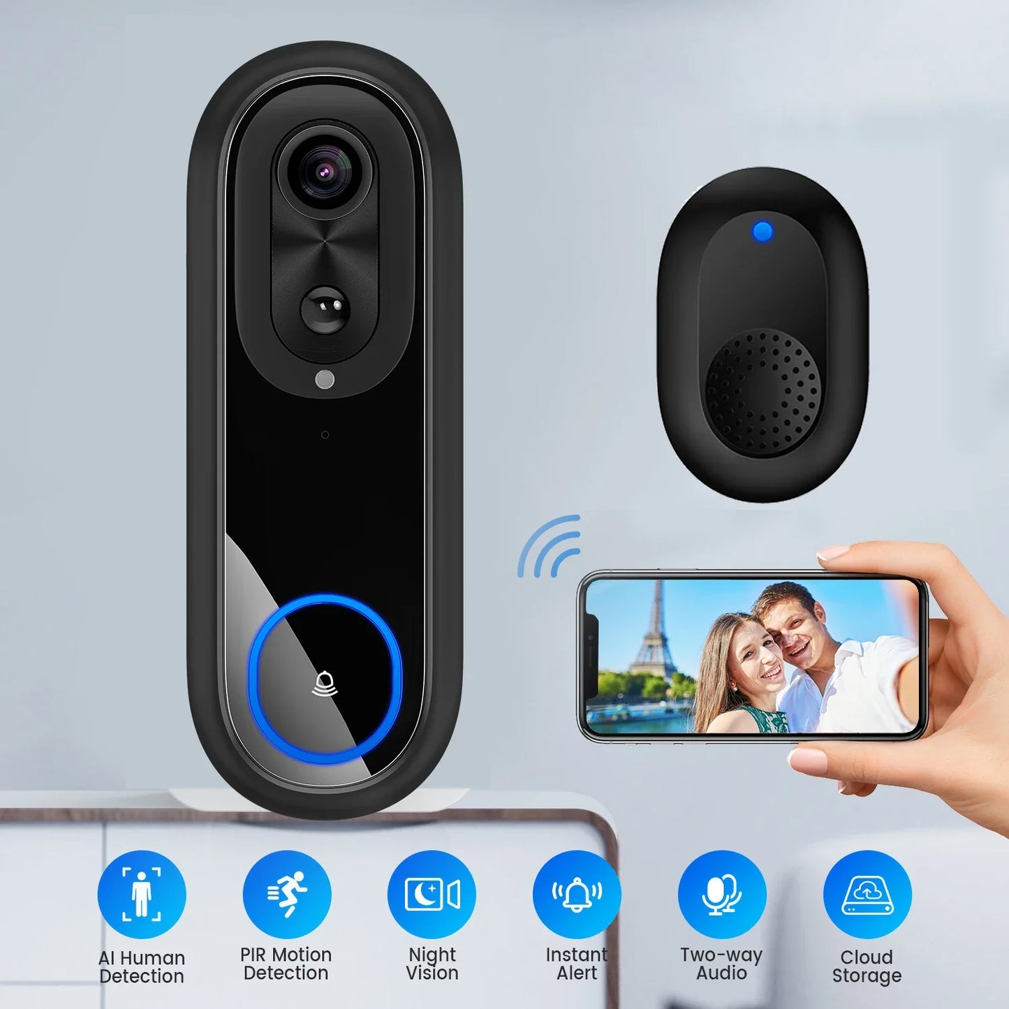 5G/2.4G WiFi 1080P Wireless Video Doorbell — Tuya App Smart Intercom, IP65 Waterproof, 7000mAh Battery