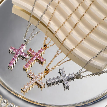Fashion Gold Necklace for Women – Multi-Color Crystal Jesus Cross Pendant, Party & Leisure Jewelry