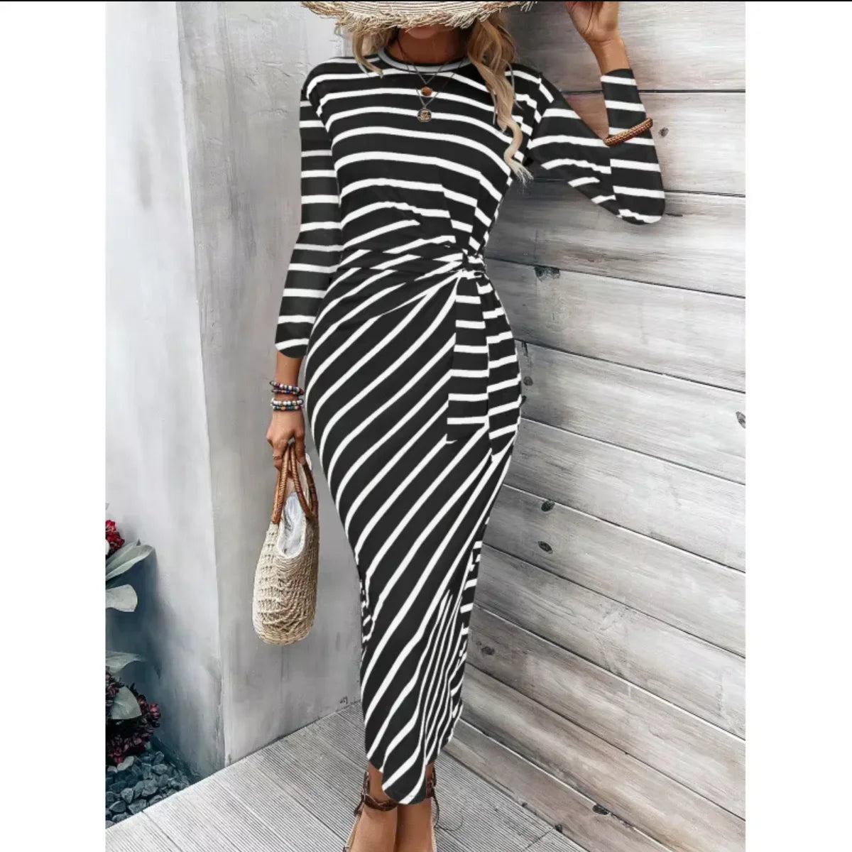 Women’s 2026 European American Stripe Print Dress – Crew Neck Lace-Up Tunic Loose Fit Fashionable Dress