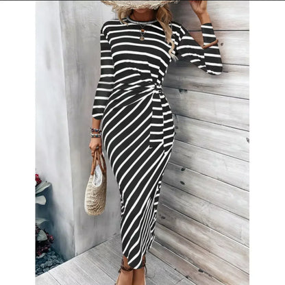 Women’s 2026 European American Stripe Print Dress – Crew Neck Lace-Up Tunic Loose Fit Fashionable Dress