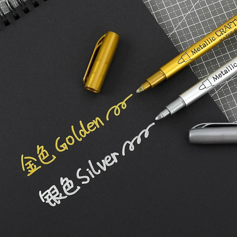 2/1Pc Brush Metallic Marker Pens - Gold and Silver Permanent Art Markers for Manga, Crafts, Scrapbooking, and School Stationery Supplies