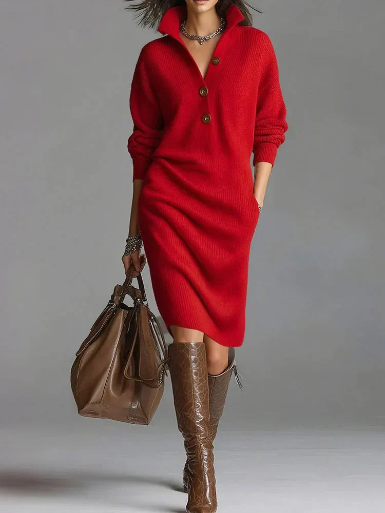 Elegant Ribbed Knit Midi Dress – Lapel Collar Button Front Long Sleeve Fall Winter Sweater Dress