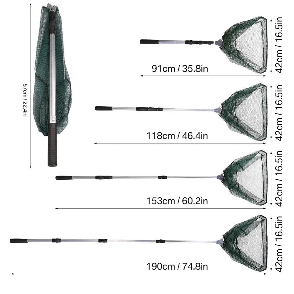 Telescopic Landing Net: 190cm Length, 92cm Width, 55cm Depth - Folding Fishing Pole Extending Mesh Net for Fly, Carp, Course, and Sea Fishing