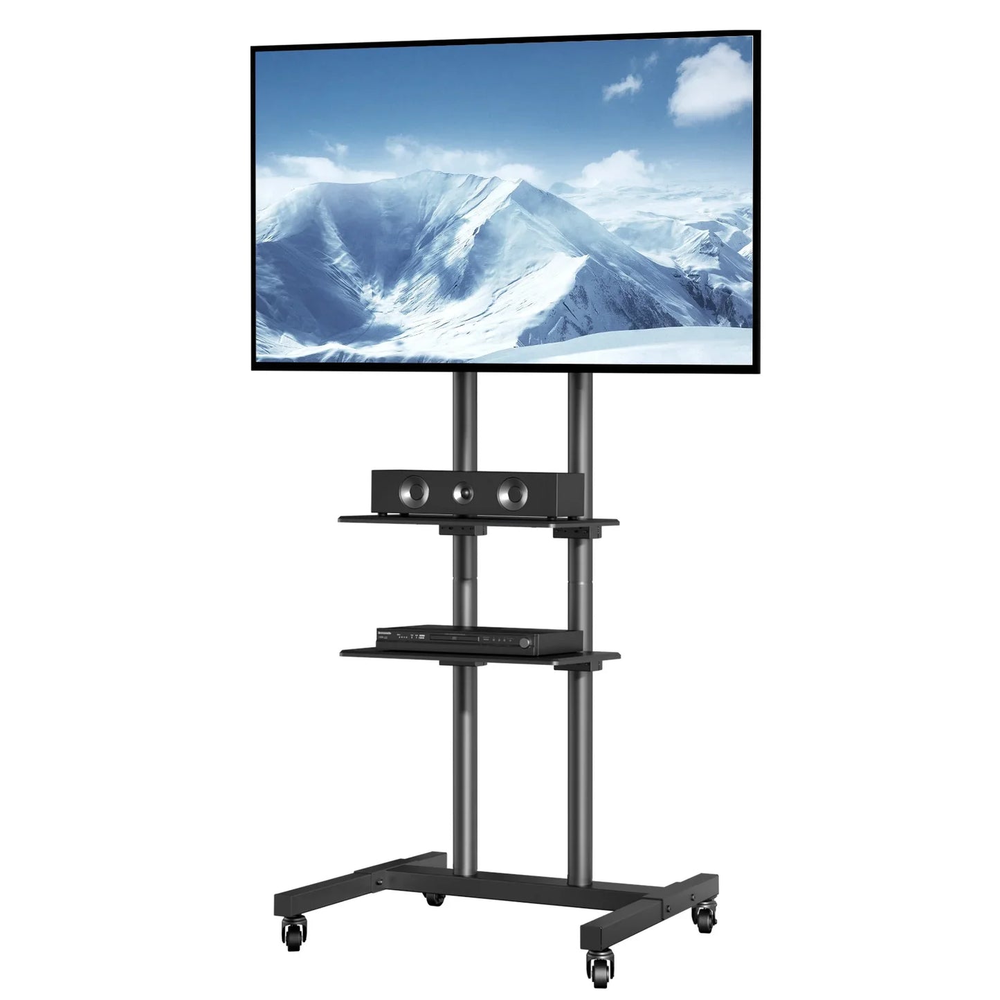 SucceBuy Height Adjustable Mobile TV Stand – Rolling Cart with Double Tray for Audio-Visual Devices