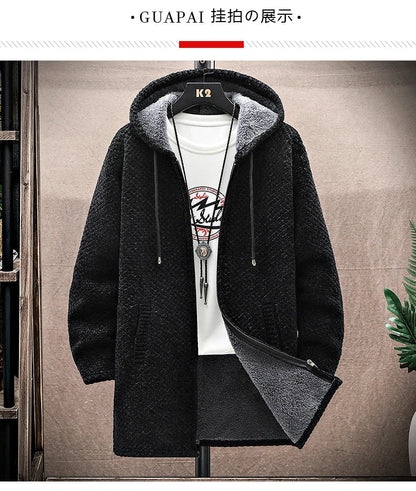 Men's Cashmere Hooded Cardigan Coat – Warm Fleece Long Sweater Jacket for Autumn Winter