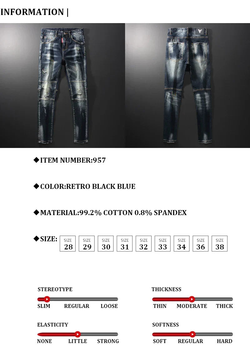 Streetwear Men’s Slim Fit Ripped Jeans – Retro Black & Blue Spliced Denim with Designer Embroidery, Hip Hop Fashion