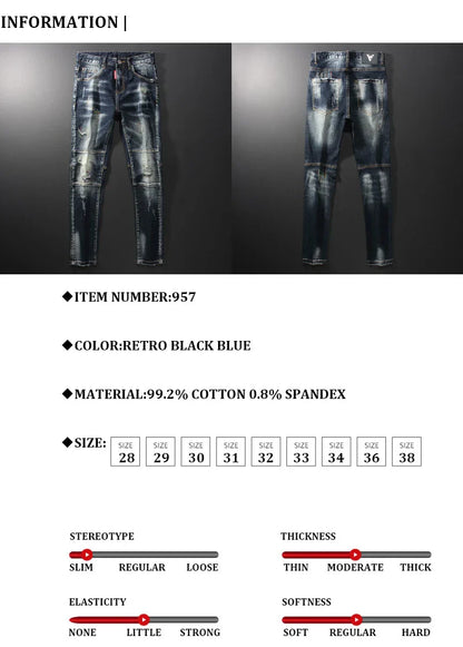 Streetwear Men’s Slim Fit Ripped Jeans – Retro Black & Blue Spliced Denim with Designer Embroidery, Hip Hop Fashion