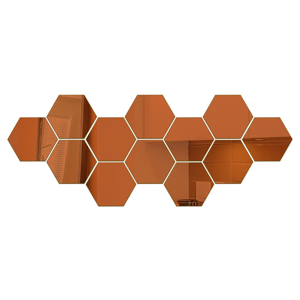 6/12pcs 3D Hexagon Rose Gold Mirror Wall Stickers – DIY Living Room, Bedroom, Bathroom Wall Decor