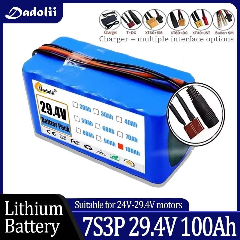 29.4V 100Ah 7S3P 18650 Lithium-Ion Battery Pack — Suitable for 24V–29.4V Motors with 2A Charger