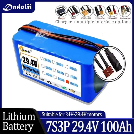 29.4V 100Ah 7S3P 18650 Lithium-Ion Battery Pack — Suitable for 24V–29.4V Motors with 2A Charger