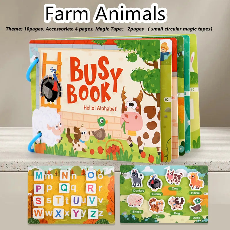 Kids Busy Book – Interactive Learning Sticker Book with Animals, Vehicles & Dinosaurs, Matching Numbers & Letters Activity Toy