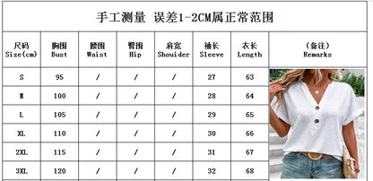 2023 Women's Jacquard V-Neck Blouse – Casual Button-Up, Loose Fit Short Sleeve Oversized Summer Shirt