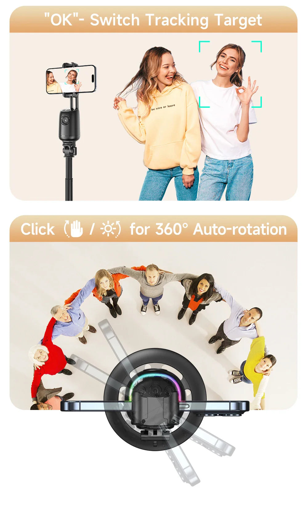 AI Smart 360° Gimbal with Auto Face Tracking – All-in-One Phone Holder & Video Stabilizer Tripod