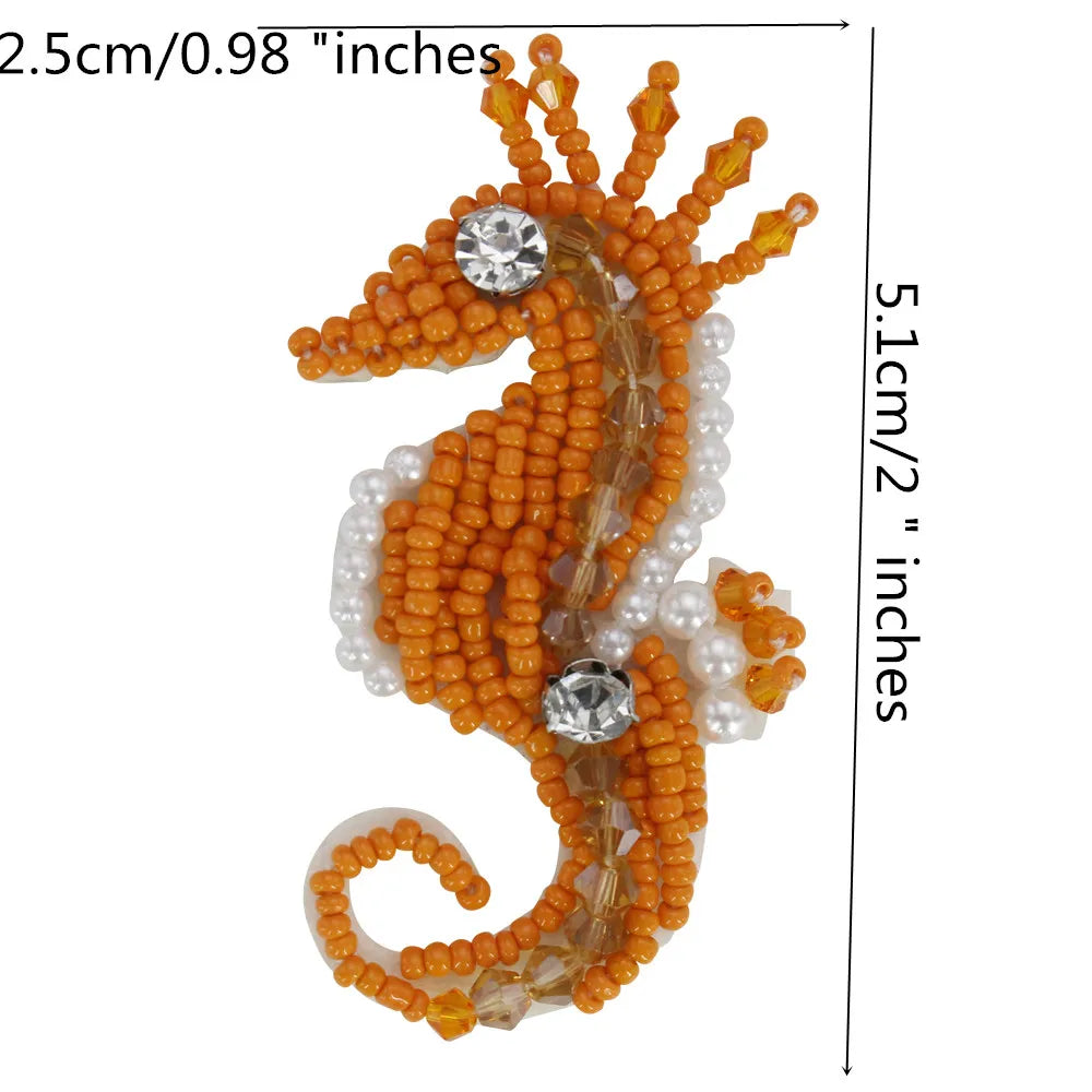 Marine Series Rhinestone Patches - Handmade Shell Starfish Seahorse Leaf Beaded Sewing Appliques for DIY Clothing