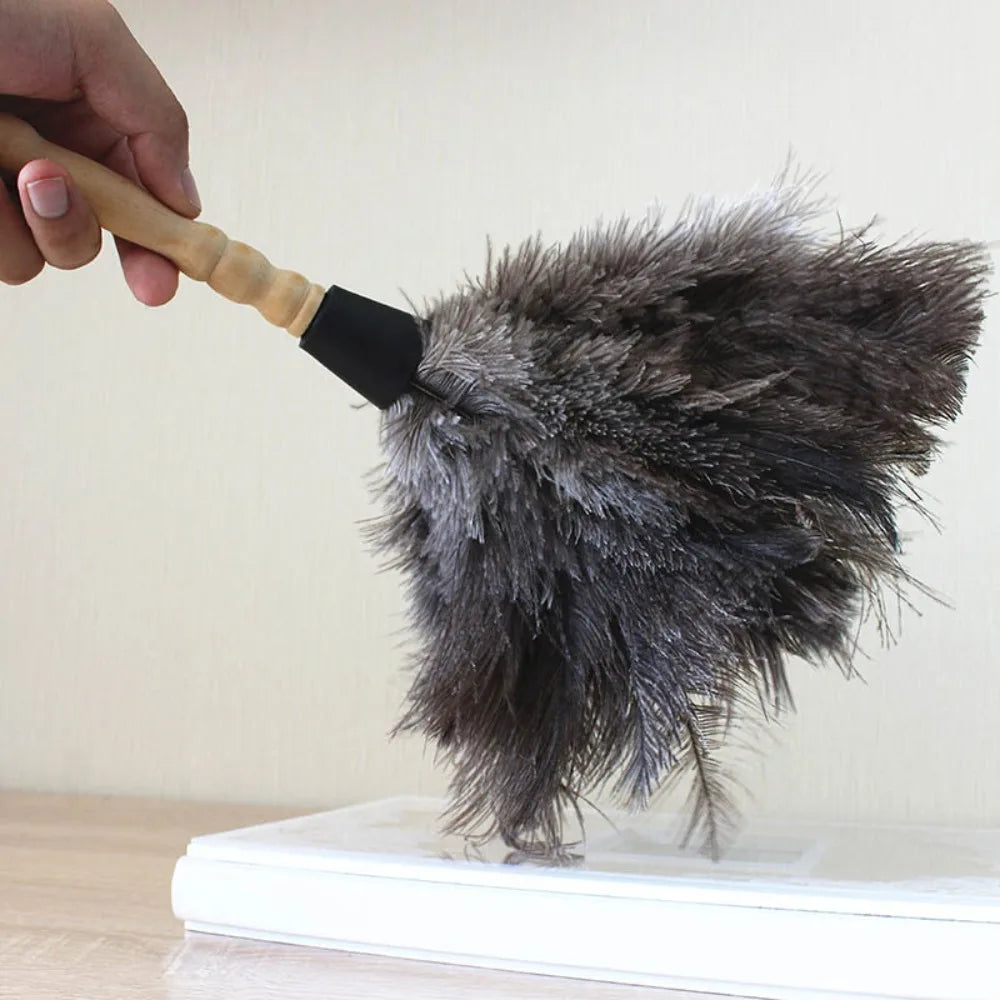 Ostrich Feather Dusting Brush – Wooden Handle Anti-Static Household & Car Cleaning Duster Tool