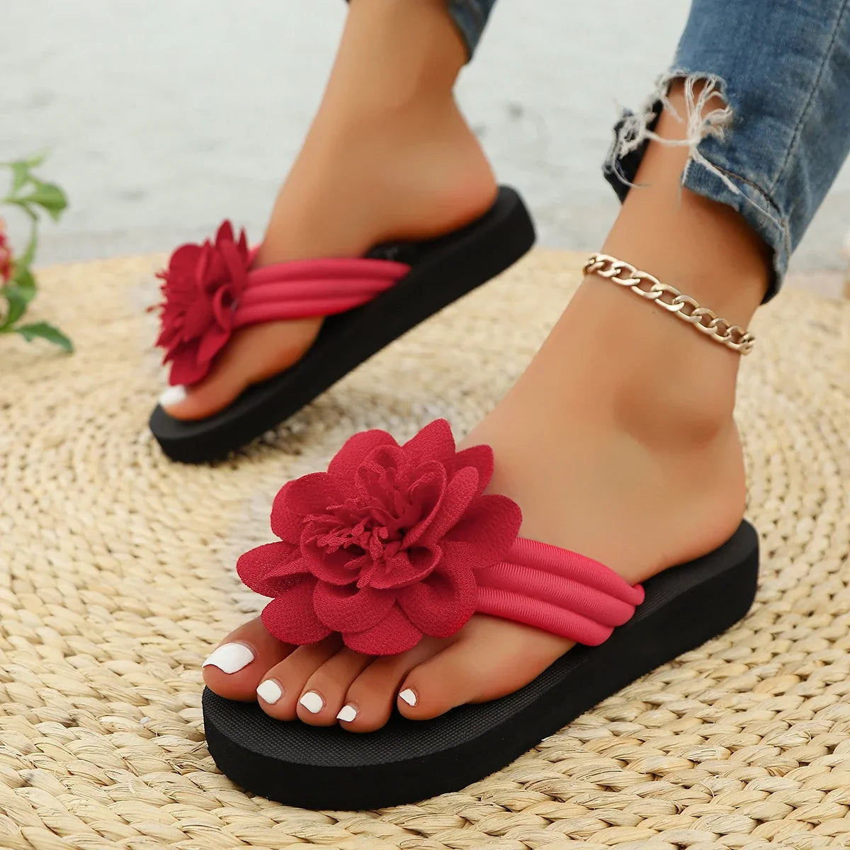 Women's Flower Flip Flops - Handmade Beach Vacation Flat Sandals