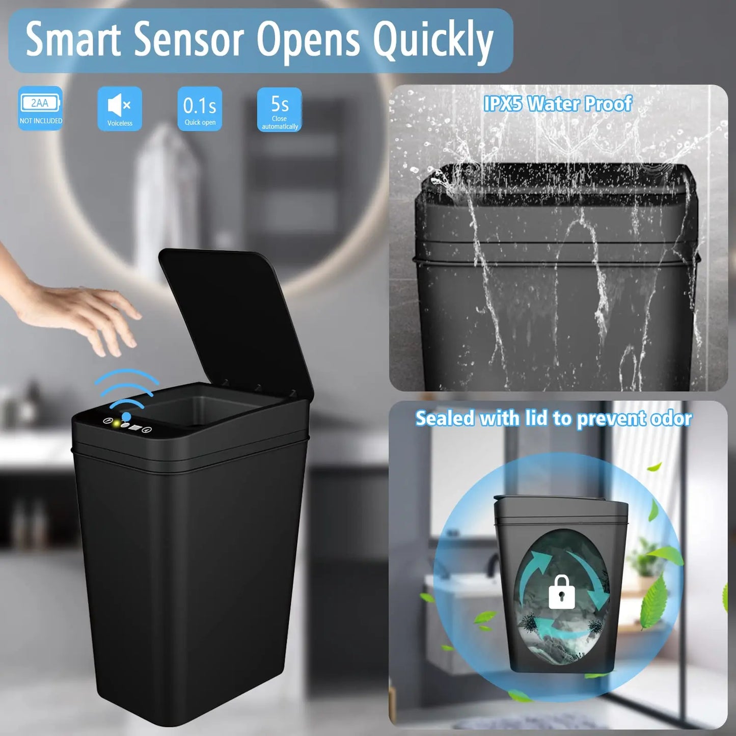 Touchless Motion Sensor Bathroom Trash Can with Lid – Slim Automatic Smart Garbage Bin for Bedroom, Office & Living Room