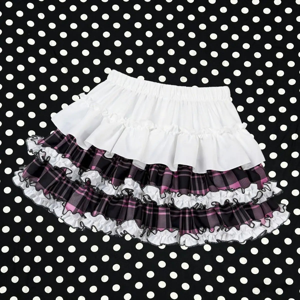 Y2K Gothic Ruffle Skirt - Black & White Polka Dot Punk Lolita Mini Skirt