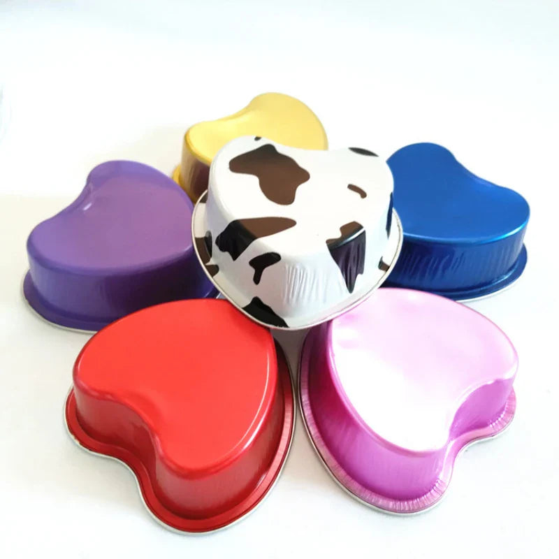50Pcs 100ml Tin Foil Aluminum Pudding Cups with Lid - Heart-shaped Disposable Mini Mousse Cupcake Containers Baking Moulds