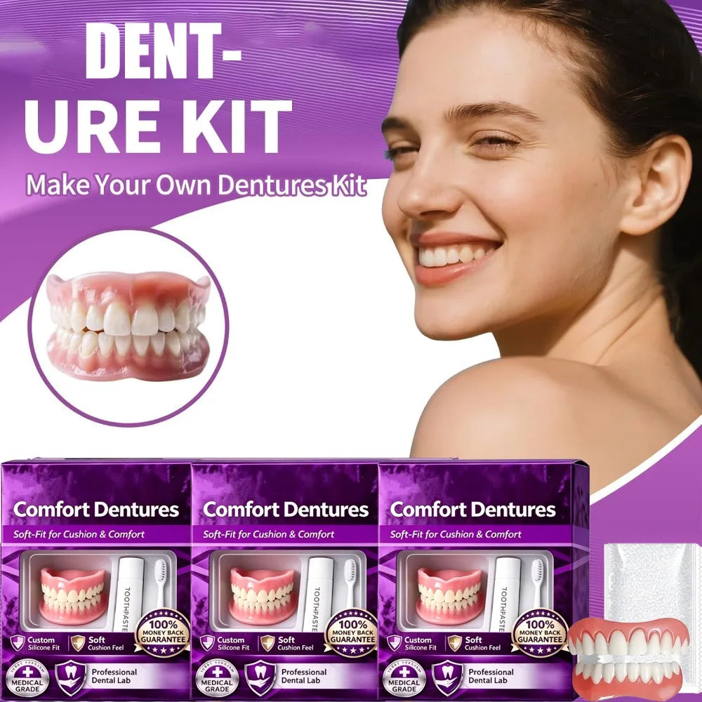 Full Upper & Lower Silicone Dentures Set - Comfort Fit Instant Smile Replacement Teeth