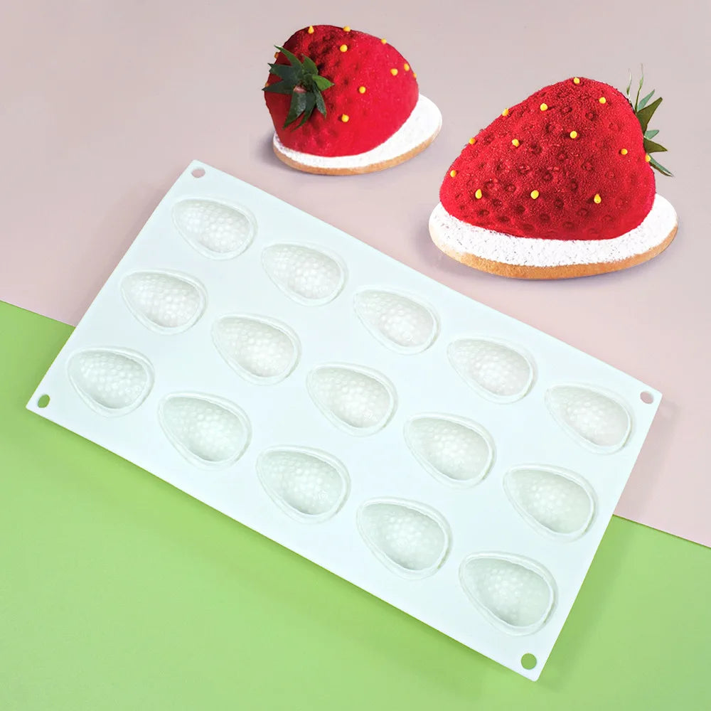 15-Hole Strawberry Silicone Mold – 3D Baking Tray for Mousse, Chocolate, Fruit Cakes & Kitchen Decoration Tools
