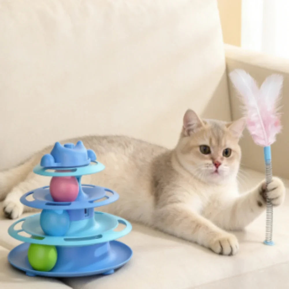 4-Layer Feather Cat Turntable - Interactive Ball & Playing Stick Toy for Cats