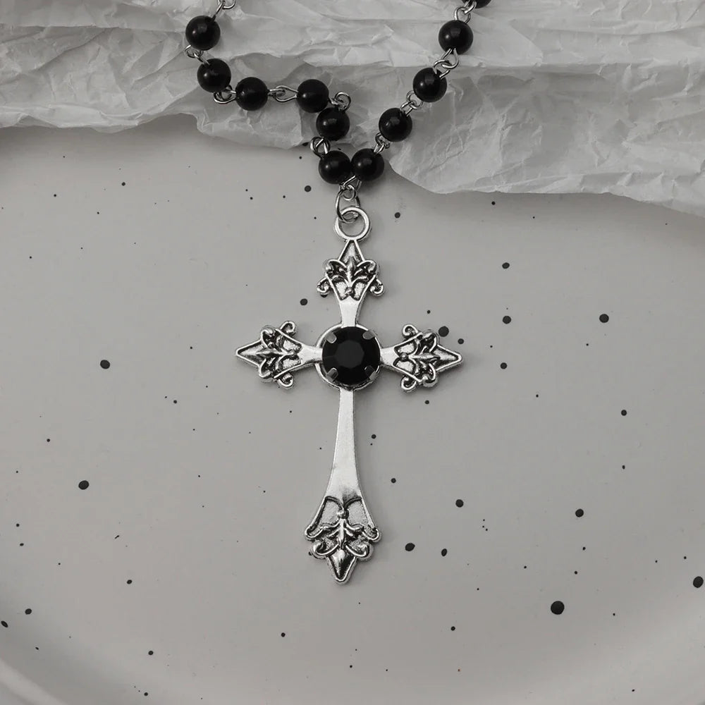 Gothic Bat Cross Necklace Set - Y2K Thorn Love Black Beaded Layered Jewelry for Halloween Parties
