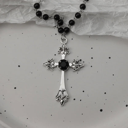 Gothic Bat Cross Necklace Set - Y2K Thorn Love Black Beaded Layered Jewelry for Halloween Parties