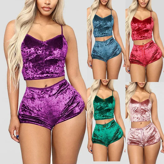 Luxe Comfort: Women's Velvet Polyester V-Neck Underwear Set - Camisole + Shorts Pajamas, Sleeveless Top & Shorts Home Clothes