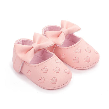 Baby Girls Bow-Knot Heart First Walker Shoes - Soft Anti-Slip Sole Dress Shoes for Infants 0-18M
