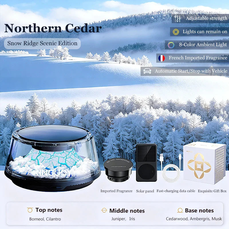 Solar Car Electric Aromatherapy Diffuser – AI Adjustable, Simulated Glacier Color, Alcohol-Free for Car, Home, Bedroom Gift