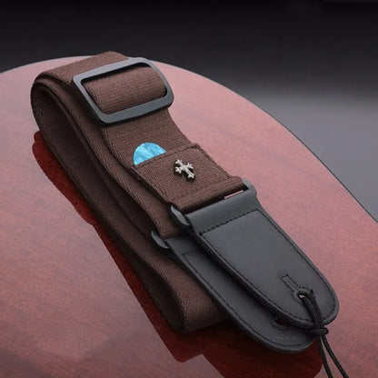 Vintage Cross Guitar Strap with Pick Holder Pocket – Adjustable Strap for Electric, Acoustic & Folk Guitars