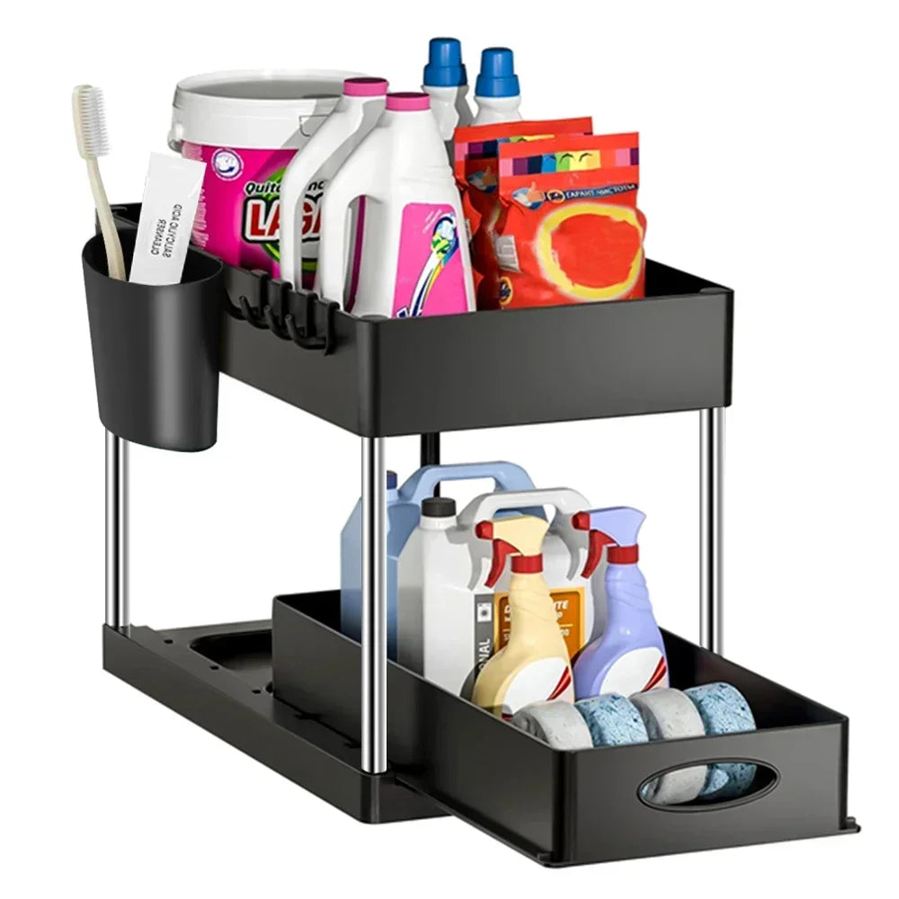 2-Tier Under Sink Organizer - Sliding Cabinet Basket with Hooks, Hanging Cup for Bathroom and Kitchen Storage