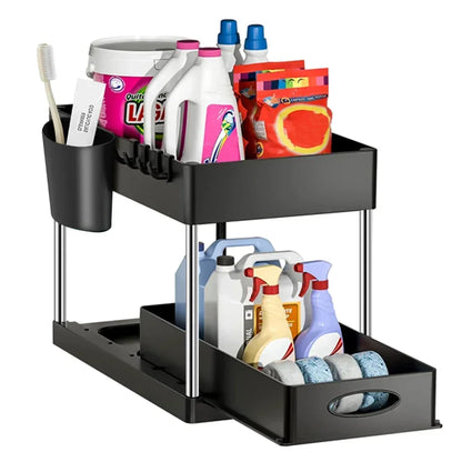 2-Tier Under Sink Organizer - Sliding Cabinet Basket with Hooks, Hanging Cup for Bathroom and Kitchen Storage