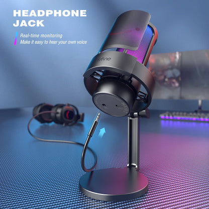 FIFINE A8 USB Microphone with RGB, Touch Mute & Headphone Output for Recording & Streaming on PC Mac