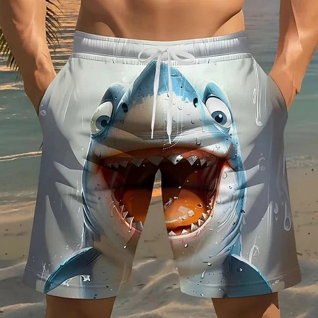 3D Shark Print Swim Shorts - Quick-Dry Drawstring Beach Trunks