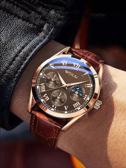 Fashion Business Three-Eye Roman Dial Quartz Watch - Bamboo Belt, Elegant & Stylish Timepiece