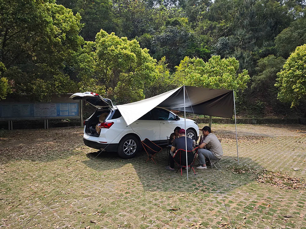 Manta Ray Car Side Awning – Black Coating Waterproof Tarp with Suction Cup Anchor for SUV Camping & Shade